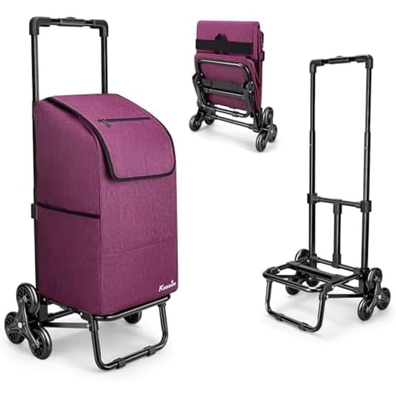 2 in 1 Stair Climbing Cart, 60L/300LBS Grocery Cart on Wheels for Stairs, Shopping Carts for Groceries with Removable Waterproof Bag, Folding Shopping Carts for Stairs, Purple