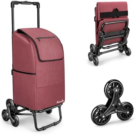 2 in 1 Stair Climbing Cart, 60L/300LBS Grocery Cart on Wheels for Stairs, Shopping Carts for Groceries with Removable Waterproof Bag, Folding Shopping Carts for Stairs, Red