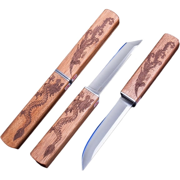 2 In 1 Steak Knive Set, Double Blades Professional Sharp Steak Knives Wood Handle with Pairing Bamboo Knife Sheath, Unique Camping Fruit Knife Set for Meat Bbq Outdoor