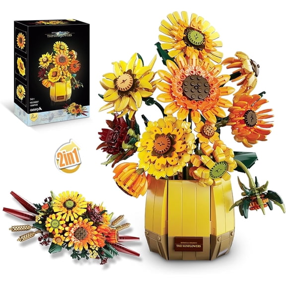 2 in 1 Sunflower Flowers Building Set for Adults, Flower Art Botanical Collection with Vase for Home Decor - 1328 PCS, Mother's Day Valentine's Gifts for Women Mom Teens 14+