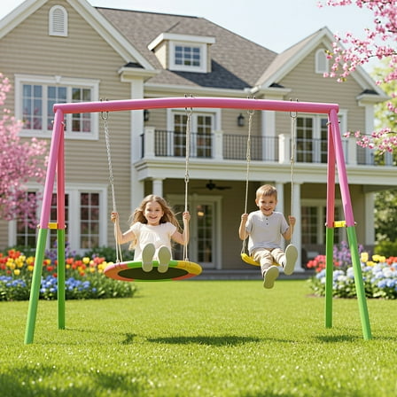 2 in 1 Swing Set Outdoor for Backyard, SHINPT Heavy Duty Swing Set, Toddler Swing Set with 1 Saucer Swing Seat and 1 Belt Swings Seat, Outside Swing Set for kids, Metal Swing Frame Outdoor