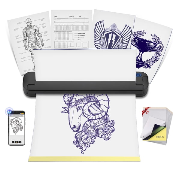 2 in 1 Tattoo Stencil & Document Printer, Wireless Bluetooth Thermal Printer, Portable Tattoo Transfer Machine with 10pcs Transfer Paper, Easy-to-Use for Tattoo Artists Beginner, Home, Black