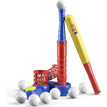 2 in 1 Tee Ball Set for Kids 3-8, Kids Baseball T-Ball Set with 10 Balls, Step on Pitching Machine, Batting Tee, Outdoor Sport Toy Games for 3-12 Year Old Boys Girls Toddler