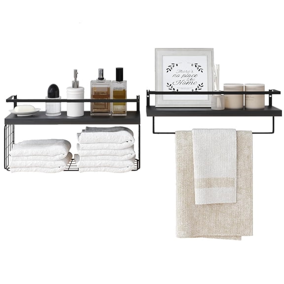2+1-Tier Wall-Mounted Floating Shelves W/Storage Basket and Rack & Towel Bar, 16 Inch Black Rustic Wood Shelf for Decor & Storage for Living Room Kitchen Bedroom, Bathroom Shelves Over The Toilet
