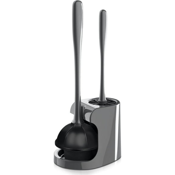 2 in 1 Toilet Brush and Plunger Set - Toilet Brush with Solid Handle, Stand and Holder for Deeply Cleaning in Bathrooms - Plastic Toilet Brush and Holder Set in Grey