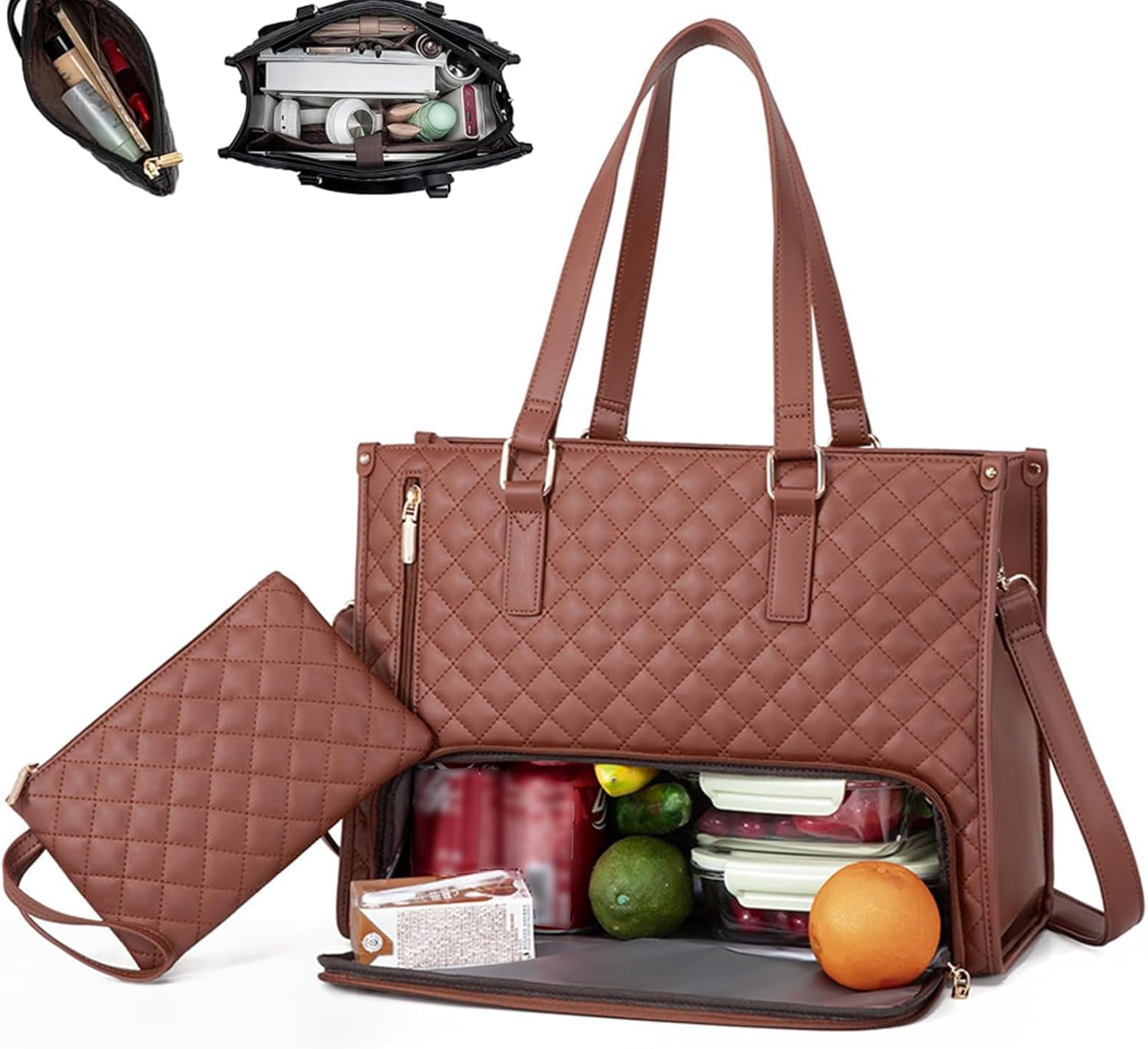 2 in 1 Tote Bag Lunch Bag Combo, 2 in 1 Lunch Tote Bag for Women, 15.6 Inch Tote Bag With Lunch Compartment, Tote for Laptop Bag Storage Pocket, Office Business Travel (Coffee)