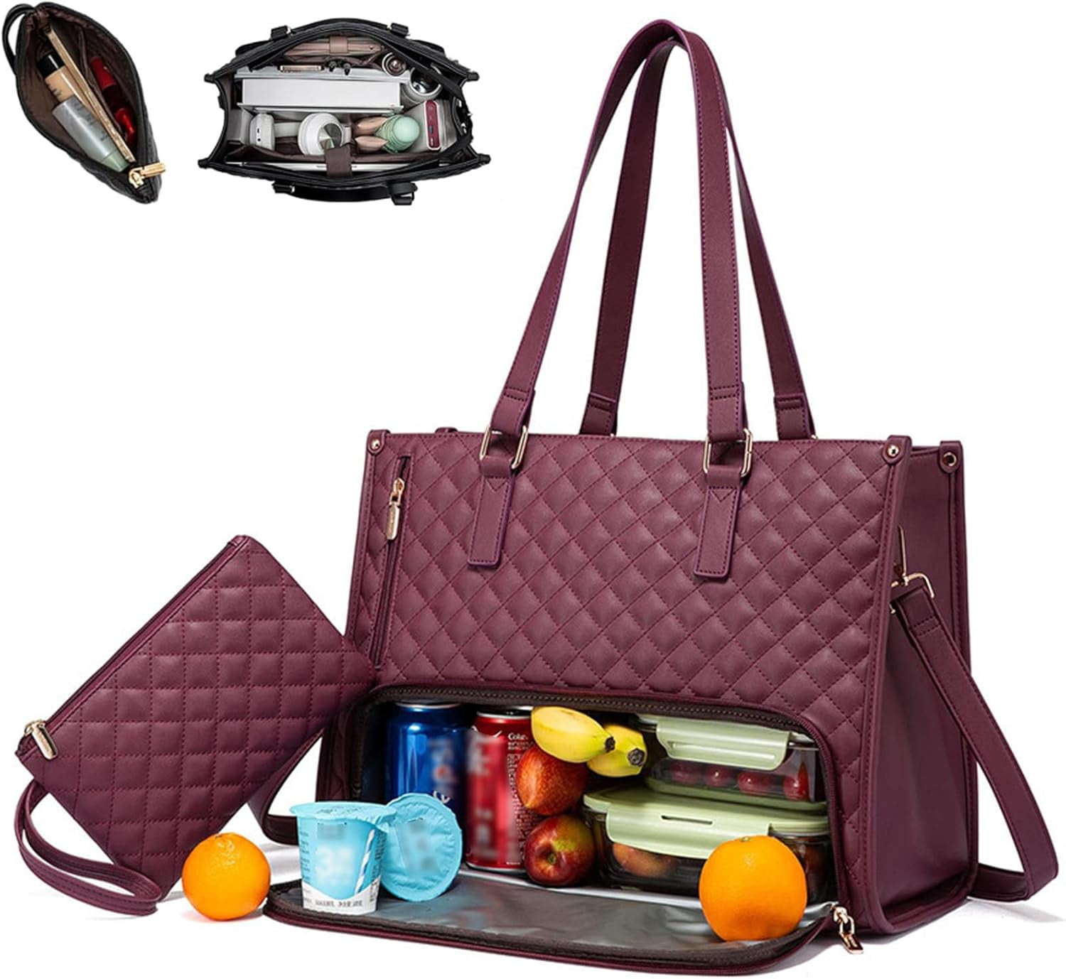 2 in 1 Tote Bag Lunch Bag Combo, 2 in 1 Lunch Tote Bag for Women, 15.6 Inch Tote Bag With Lunch Compartment, Tote for Laptop Bag Storage Pocket, Office Business Travel (Wine Red)