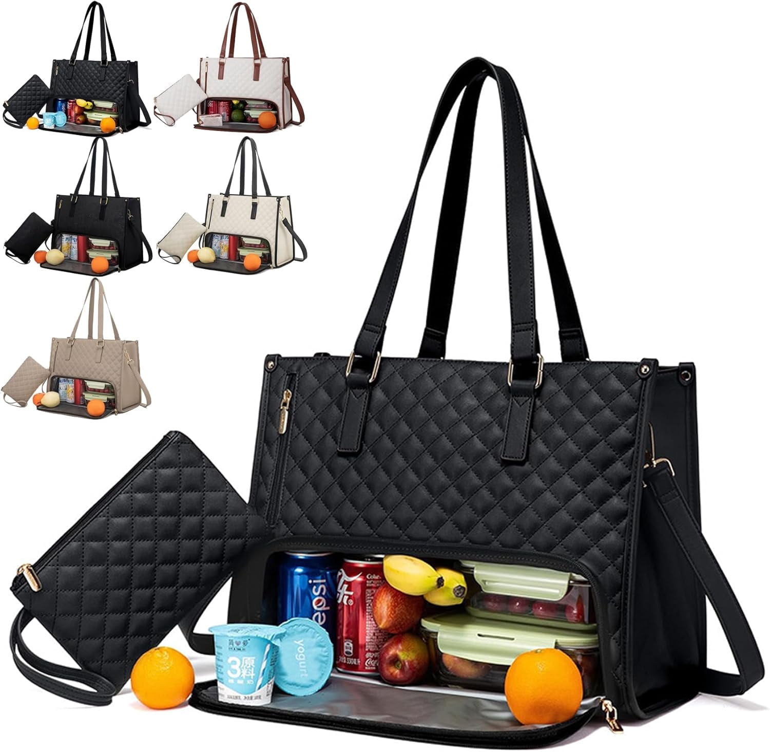2 In 1 Tote Bag Lunch Bag Combo, 2-In-1 Tote Bag Insulated Lunch & Travel Tote, 2 In 1 Lunch Bag and Work Tote, 15.6 Inch Tote Bag with Lunch Compartment (Black)