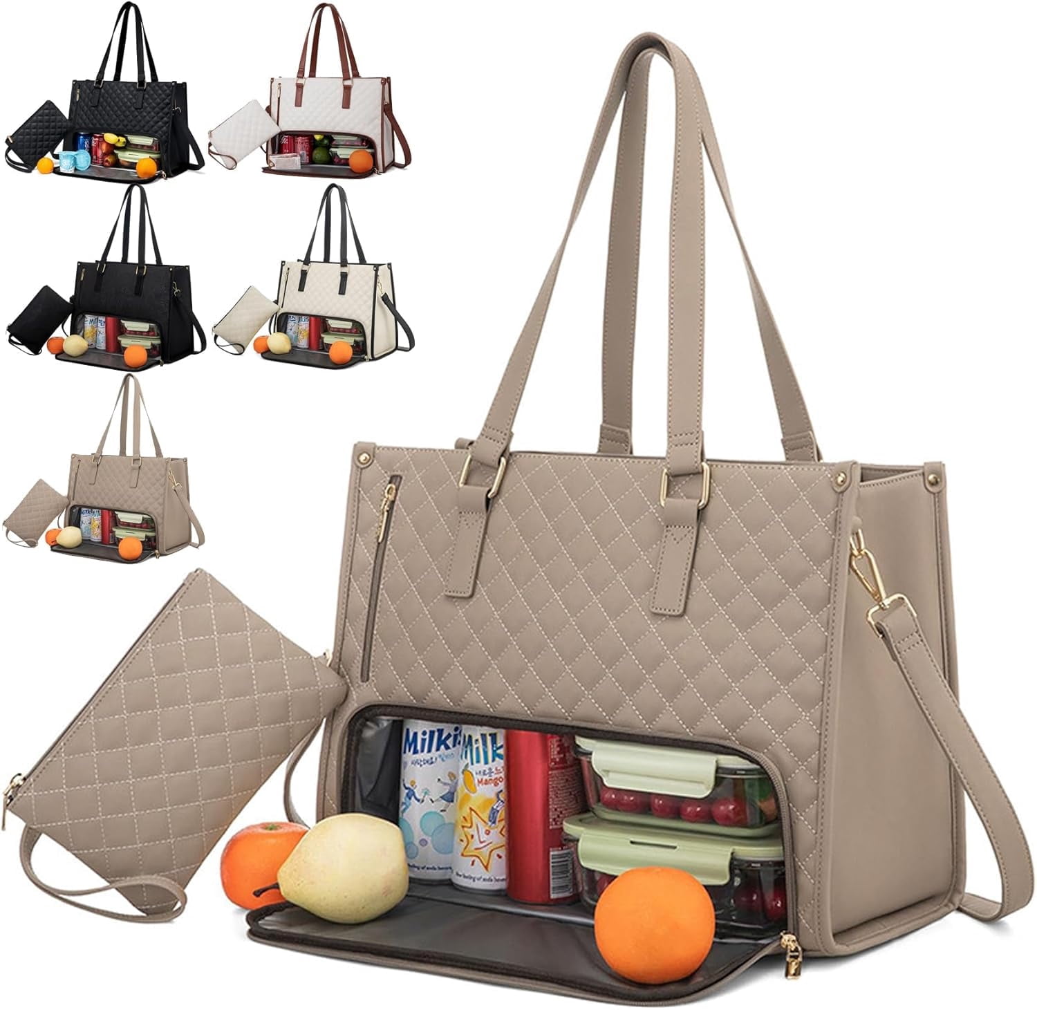 2 In 1 Tote Bag Lunch Bag Combo, 2-In-1 Tote Bag Insulated Lunch & Travel Tote, 2 In 1 Lunch Bag and Work Tote, 15.6 Inch Tote Bag with Lunch Compartment (Khaki)