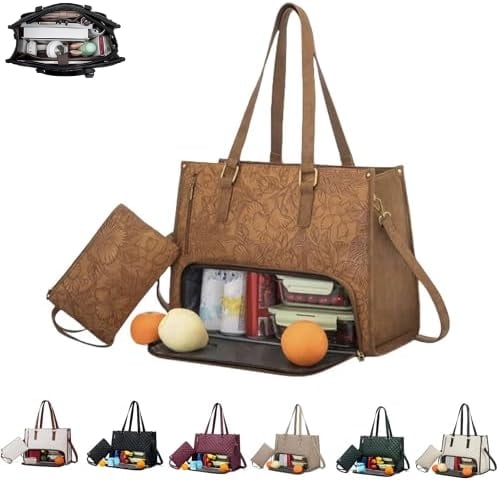 Borsa 2-in-1 Tote E Porta Pranzo Isolata Per Donna - Con Scomparto Per Laptop 15.6" E Vano Pranzo Rimovibile - Perfetta Per Ufficio, Lavoro E Viaggi (Nero/Bianco) - 3