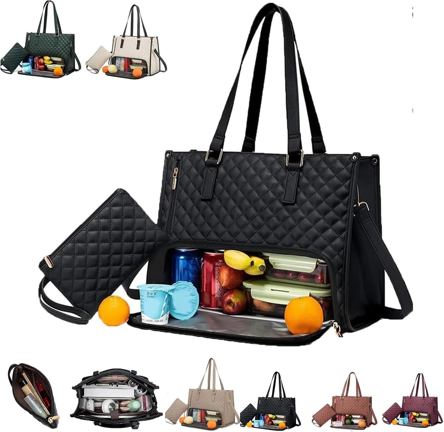 2 In 1 Tote Bag Lunch Bag Combo, 15.6 Inch Two In One Tote Bag With Lunch Compartment For Business, Office,Travel, Beach,Casual– Elegance Meets Functionality (brown - 2