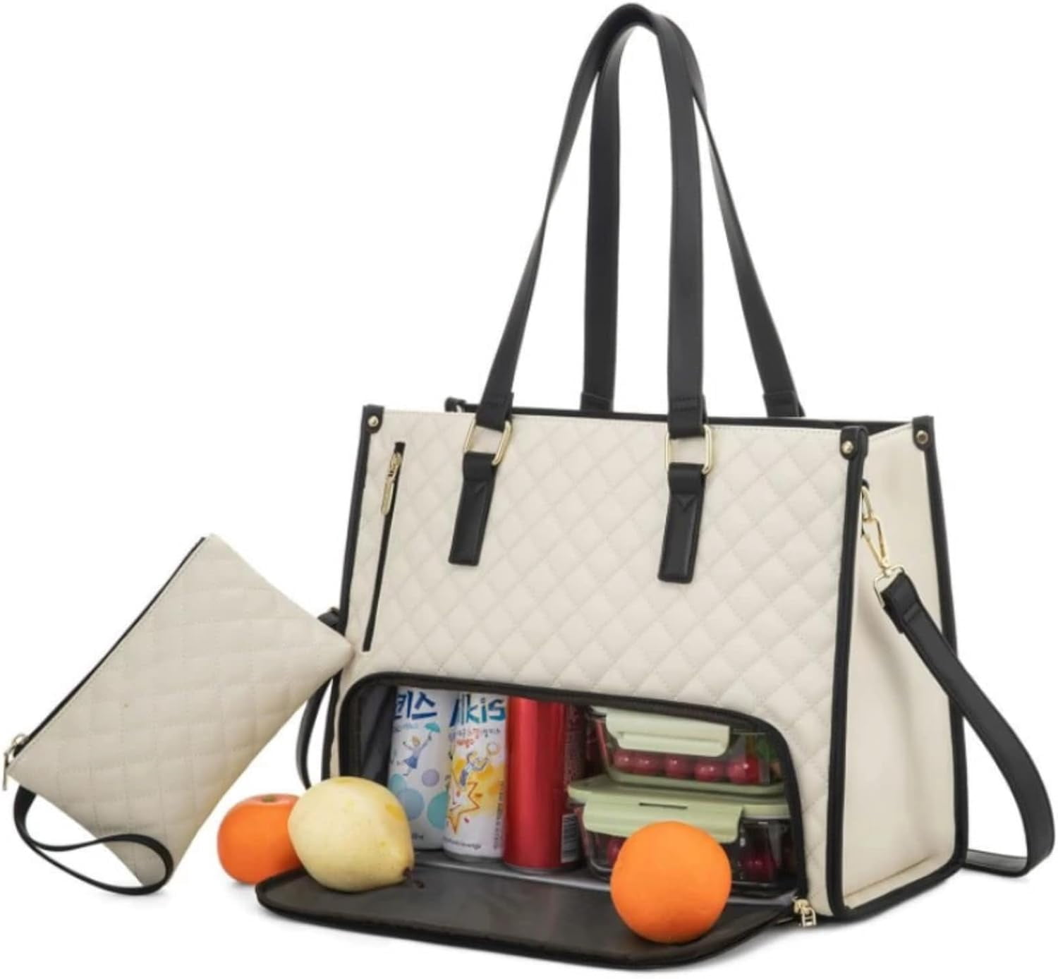 2 in 1 Tote Bag Lunch Bag Combo for Women with 15.6 Inch Laptop Compartment, Insulated Leakproof Meal Carrier for Office Commutes, Business Travel, and Everyday Use