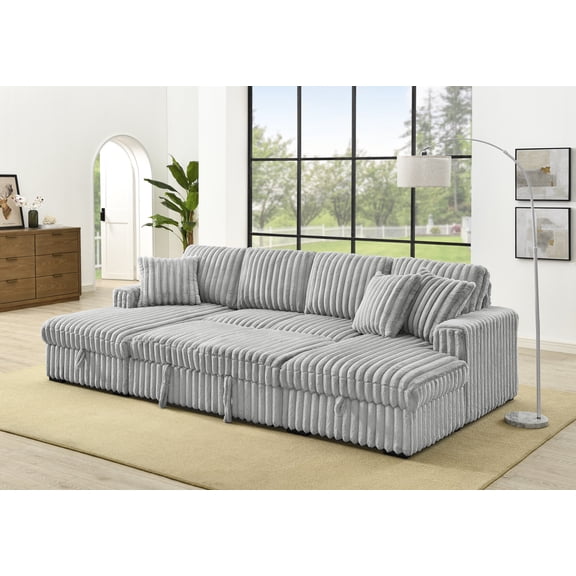 2 in 1 U Shaped Sleeper Sofa, 122 inch Overisze Pull Out Bed, Sectional Sleeper Sofa with Double Storage Chaise for Living Room, Rabbit plush Corduroy Fabric Couch, Grey
