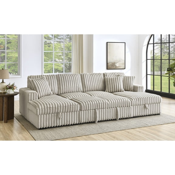 2 in 1 U Shaped Sleeper Sofa, 122 inch Overisze Pull Out Bed, Sectional Sleeper Sofa with Double Storage Chaise for Living Room, Rabbit plush Corduroy Fabric Couch, khaki