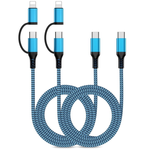 2 in 1 USB C to C/Charger Cable, 2Pack Multi Fast Charging Cable Nylon Braided Universal Cord,6FT Type C/Charger Charging Cable Carplay Cord for iPhone,Samsung,Android(Blue）