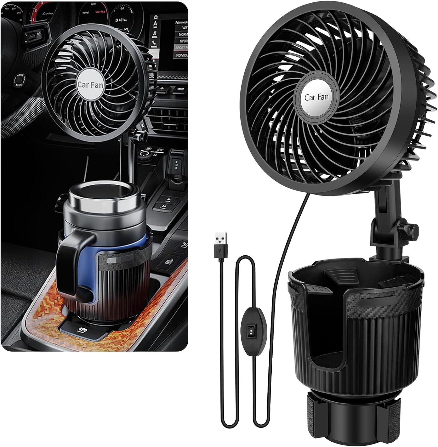 2 in 1 USB Fan Car Cup Holder Expander with Adjustable Base, 6Inch 360 ...