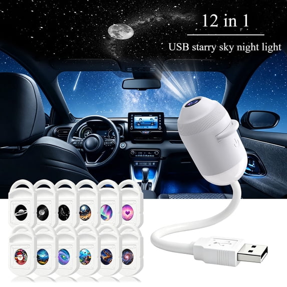 2 In 1 USB Galaxy Star Projector Night Light, 360° Bendable Gooseneck Dimmable Lamp with 12 Interchangeable Cosmic Slides, Portable Starry Sky Decor Light for Bedroom Kids Room Car Travel Party