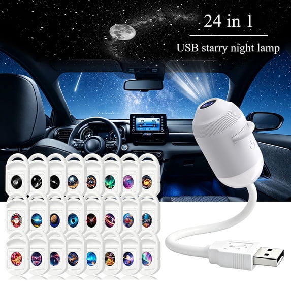 2 In 1 USB Galaxy Star Projector Night Light, 360° Bendable Gooseneck Dimmable Lamp with 24 Interchangeable Cosmic Slides, Portable Starry Sky Decor Light for Bedroom Kids Room Car Travel Party