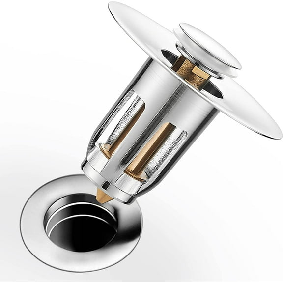 2 in 1 Universal Bathroom Sink Stopper, Pop Up Bathroom Sink Strainer with Anti-Clogging Filter Basket Brass Basin Plug Drain Stopper for 1.02"-1.96" Drain Holes,Chrome Silver