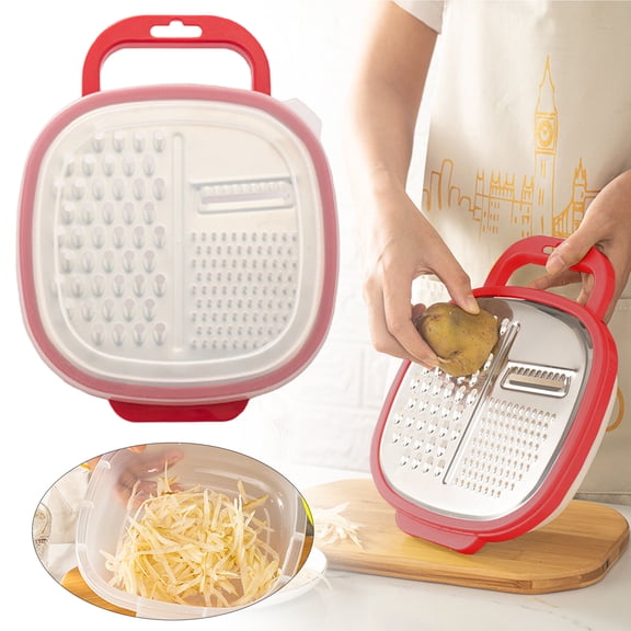 2 in 1 Vegetable Slicer with Storage Box, Stainless Steel Cheese Box Grater, Food Chopper, Wave Cutter, Kitchen Multi-Purpose Grater for Potatoes, Carrots, Zucchini, Onions, 5.9x7.8in(C)