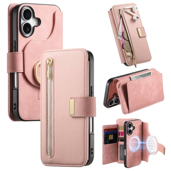 2 in 1 Wallet Case for Apple iPhone 16 Plus, Detachable Magnetic Back Cover Cards Slots Zipper Pocket Ring Holder Magnetic Closure Protective Drop Proof Case Cover for iPhone 16 Plus,Pink