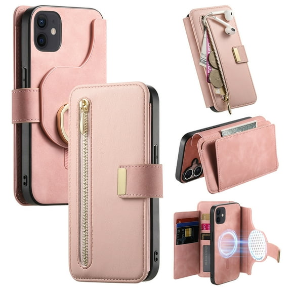 2 in 1 Wallet Case for Apple iPhone 11, Detachable Magnetic Back Cover Cards Slots Zipper Pocket Ring Holder Magnetic Closure Protective Drop Proof Case Cover for Women Men,Pink