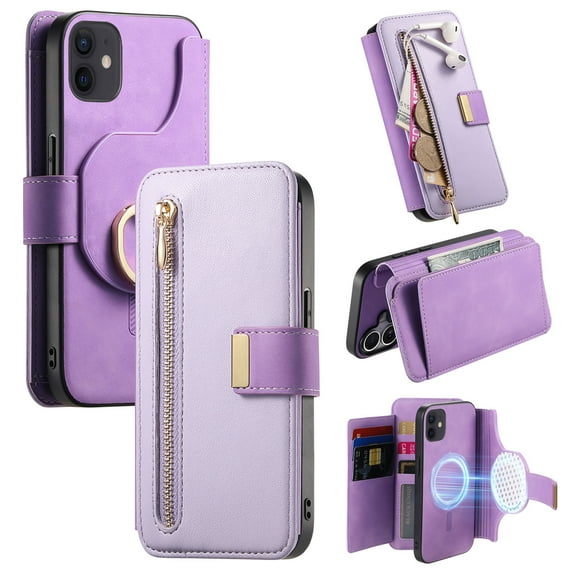 2 in 1 Wallet Case for Apple iPhone 11, Detachable Magnetic Back Cover Cards Slots Zipper Pocket Ring Holder Magnetic Closure Protective Drop Proof Case Cover for Women Men,Purple