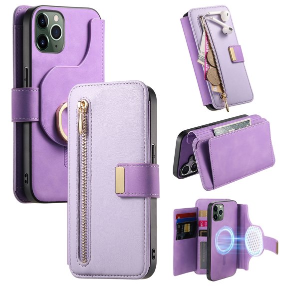 2 in 1 Wallet Case for Apple iPhone 11 Pro Max, Detachable Magnetic Back Cover Cards Slots Zipper Pocket Ring Holder Magnetic Closure Protective Drop Proof Case Cover for Women Men,Purple