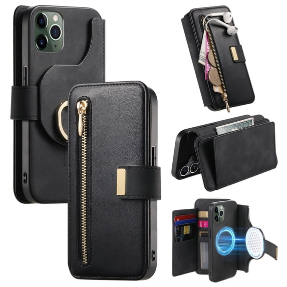 2 in 1 Wallet Case for Apple iPhone 11 Pro Max, Detachable Magnetic Back Cover Cards Slots Zipper Pocket Ring Holder Magnetic Closure Protective Drop Proof Case Cover for Women Men,Black
