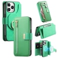 thumbnail image 1 of 2 in 1 Wallet Case for Apple iPhone 13 Pro, Detachable Magnetic Back Cover Cards Slots Zipper Pocket Ring Holder Magnetic Closure Protective Drop Proof Case Cover for iPhone 13 Pro, Green, 1 of 11