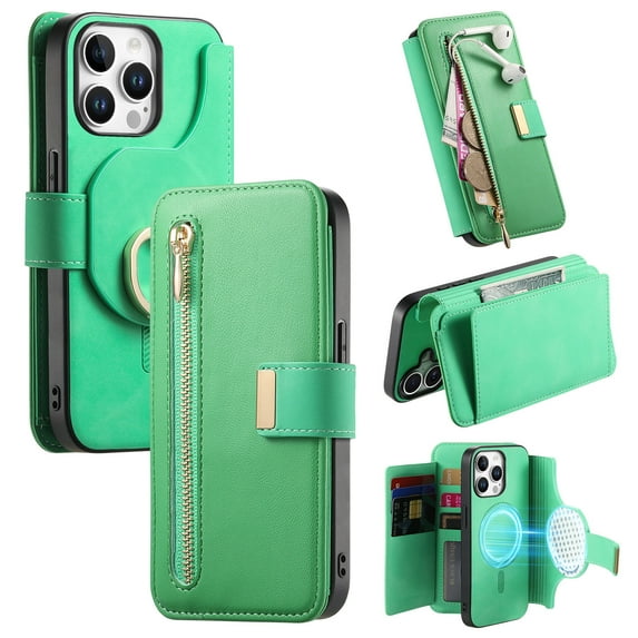 2 in 1 Wallet Case for Apple iPhone 13 Pro, Detachable Magnetic Back Cover Cards Slots Zipper Pocket Ring Holder Magnetic Closure Protective Drop Proof Case Cover for iPhone 13 Pro, Green