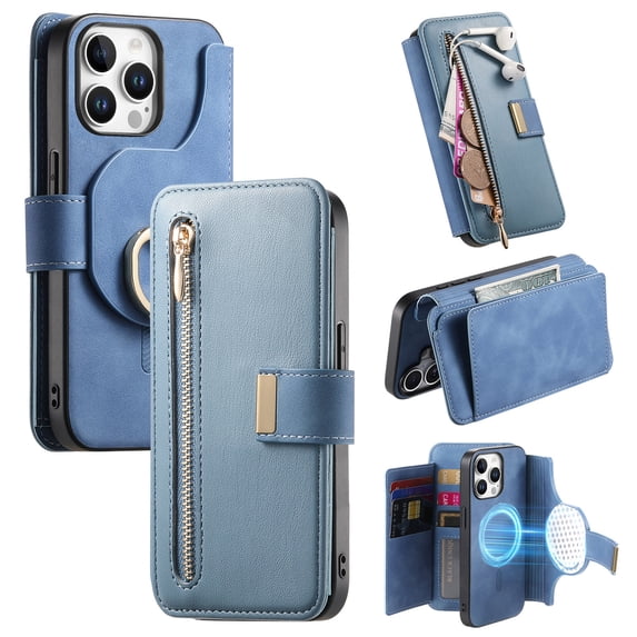 2 in 1 Wallet Case for Apple iPhone 13 Pro Max, Detachable Magnetic Back Cover Cards Slots Zipper Pocket Ring Holder Magnetic Closure Protective Drop Proof Case Cover for iPhone 13 Pro Max, Blue