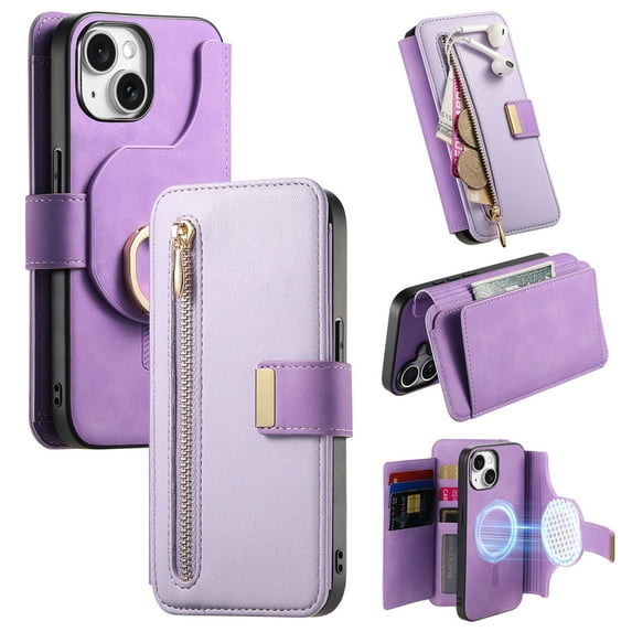 2 in 1 Wallet Case for Apple iPhone 14, Detachable Magnetic Back Cover Cards Slots Zipper Pocket Ring Holder Magnetic Closure Protective Drop Proof Case Cover for iPhone 14, Purple