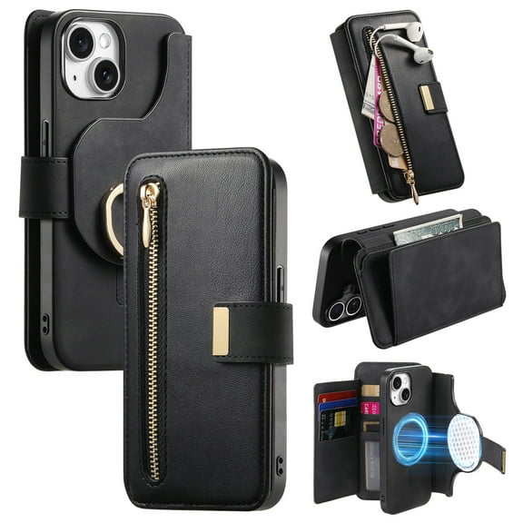 2 in 1 Wallet Case for Apple iPhone 14, Detachable Magnetic Back Cover Cards Slots Zipper Pocket Ring Holder Magnetic Closure Protective Drop Proof Case Cover for iPhone 14, Black