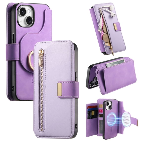 2 in 1 Wallet Case for Apple iPhone 14, Detachable Magnetic Back Cover Cards Slots Zipper Pocket Ring Holder Magnetic Closure Protective Drop Proof Case Cover for iPhone 14, Purple