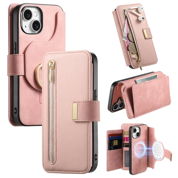 2 in 1 Wallet Case for Apple iPhone 15, Detachable Magnetic Back Cover Cards Slots Zipper Pocket Ring Holder Magnetic Closure Protective Drop Proof Case Cover for iPhone 15, Pink