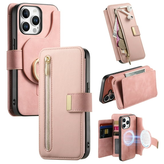 2 in 1 Wallet Case for Apple iPhone 15 Pro, Detachable Magnetic Back Cover Cards Slots Zipper Pocket Ring Holder Magnetic Closure Protective Drop Proof Case Cover for iPhone 15 Pro, Pink