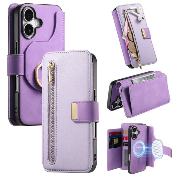 2 in 1 Wallet Case for Apple iPhone 16, Detachable Magnetic Back Cover Cards Slots Zipper Pocket Ring Holder Magnetic Closure Protective Drop Proof Case Cover for iPhone 16, Purple
