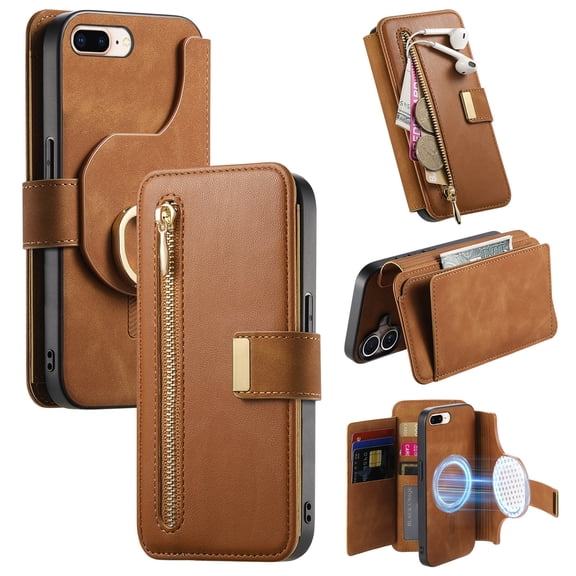 2 in 1 Wallet Case for Apple iPhone 8 Plus/7 Plus, Detachable Magnetic Back Cover Cards Slots Zipper Pocket Ring Holder Magnetic Closure Protective Drop Proof Case Cover for Women Men,Brown