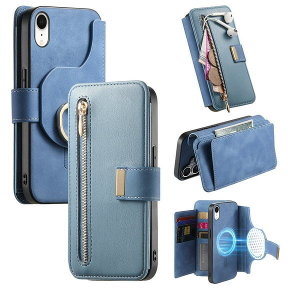 2 in 1 Wallet Case for Apple iPhone XR, Detachable Magnetic Back Cover Cards Slots Zipper Pocket Ring Holder Magnetic Closure Protective Drop Proof Case Cover for Women Men,Blue