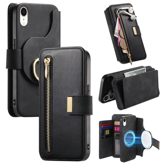 2 in 1 Wallet Case for Apple iPhone XR, Detachable Magnetic Back Cover Cards Slots Zipper Pocket Ring Holder Magnetic Closure Protective Drop Proof Case Cover for Women Men,Black