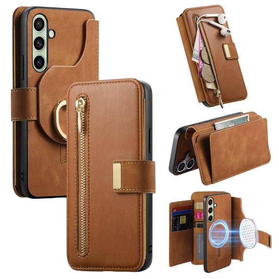2 in 1 Wallet Case for Samsung Galaxy S23 Ultra, Detachable Magnetic Back Cover with Cards Slots Zipper Pocket Ring Holder RFID Blocking Shockproof Phone Case for Samsung Galaxy S23 Ultra, Brown
