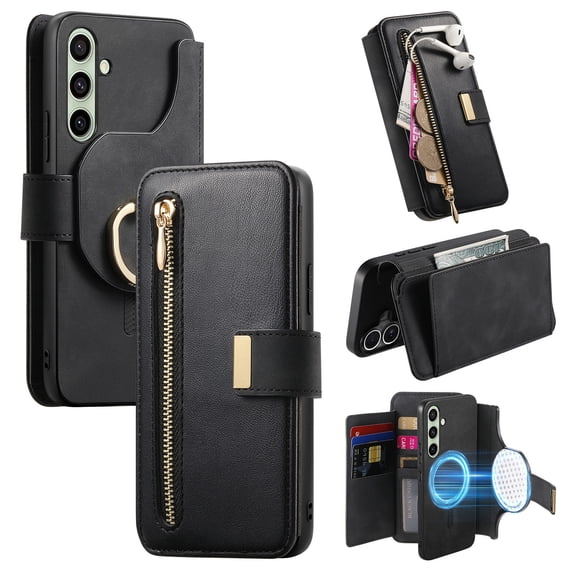 2 in 1 Wallet Case for Samsung Galaxy S24 Ultra, Detachable Magnetic Back Cover with Cards Slots Zipper Pocket Ring Holder RFID Blocking Shockproof Phone Case for Samsung Galaxy S24 Ultra, Black