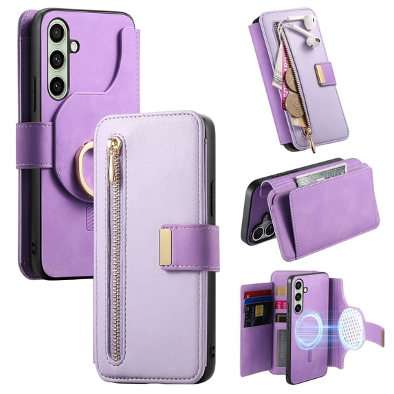 2 in 1 Wallet Case for Samsung Galaxy S24 Ultra, Detachable Magnetic Back Cover with Cards Slots Zipper Pocket Ring Holder RFID Blocking Shockproof Phone Case for Samsung Galaxy S24 Ultra, Purple