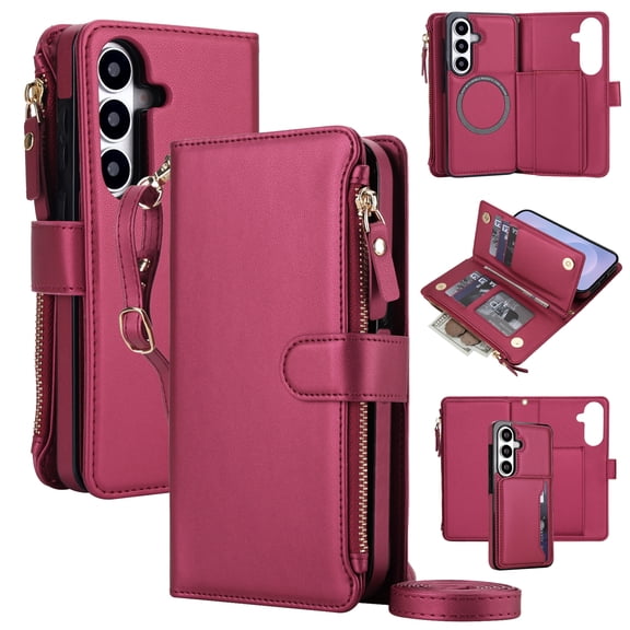 2 in 1 Wallet Case for Samsung Galaxy S26, Classic Detachable Magnetic PU Leather Crossbody Strap Zipper Pocket Card Slots RFID Blocking Rugged Full Body Protective Phone Cover - Red