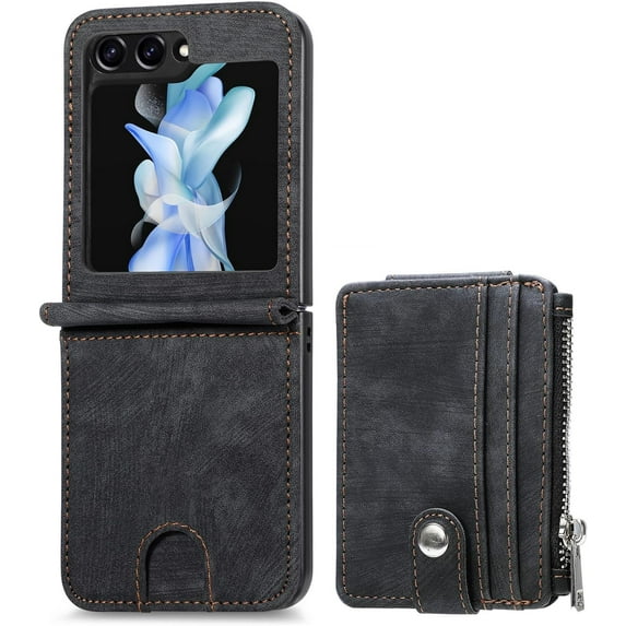 2 in 1 Wallet Case for Samsung Galaxy Z Flip 5 5G, Durable PU Leather Detachable Magnetic Zipper Pouch Purse Cover for Galaxy Z Flip 5 Case with Card Slots Stand Holder,Black