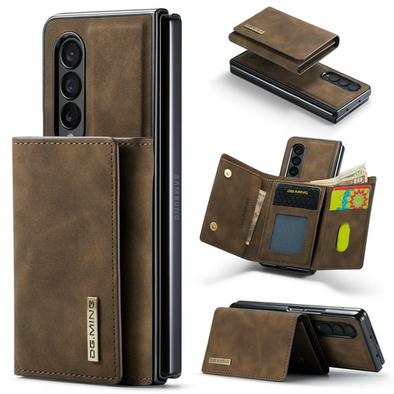 2 in 1 Wallet Case for Samsung Galaxy Z Fold 4, Retro PU Leather Cell Phone Back Cover Magnetic Detachable with Wallet Credit Card Cash Holder Kickstand for Samsung Galaxy Z Fold 4, Coffee