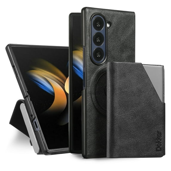 2 In 1 Wallet Case for Samsung Galaxy Z Fold 7, PU Leather + TPU + Alloy, Wireless Charging Detachable Magnetic Card Bag RFID Blocking Make-up Mirror Kickstand Back Case, Black