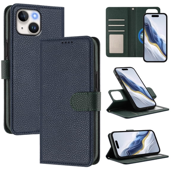 2 In 1 Wallet Case for iPhone 13, Lychee Texture PU Leather Wallet Case with ID Credit Card Holder Slots Folio Flip Kickstand Detachable Magnetic Phone Cover & Wrist Strap, Blue