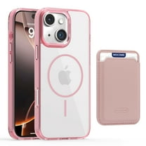 2 in 1 Wallet Case for iPhone 15 Plus, Compatible with Magsafe Clear Shockproof Magnetic Phone Case with Card Holder Bumper Anti-Yellowing Protective Cover for iPhone 15 Plus,Pink